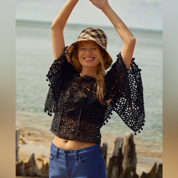 NWT new by Anthropologie Victorian cutwork blouse top small black cropped lace - Picture 1 of 17